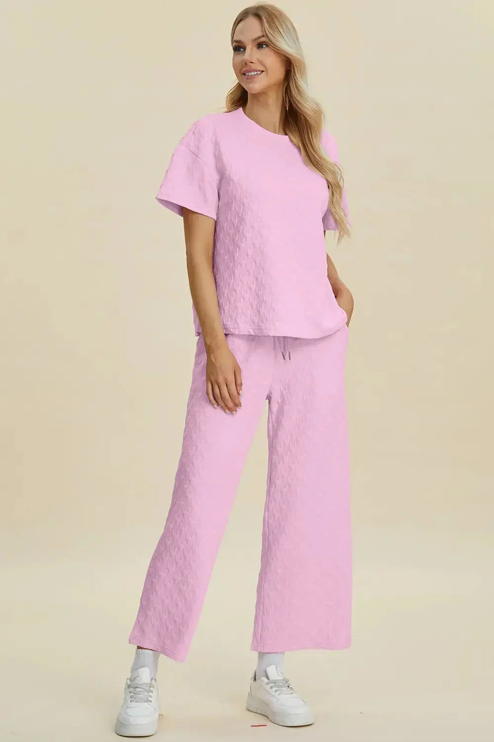 Double Take Full Size Texture Round Neck Short Sleeve Top and Pants Set - Love Salve
