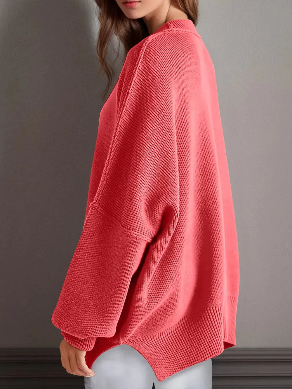 Double Take Side Slit Round Neck Long Sleeve Sweater - Love Salve