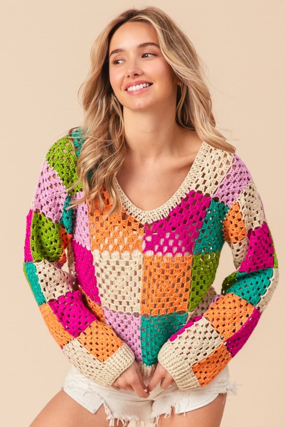 BiBi Multi Color Checkered Long Sleeve Knit Top.