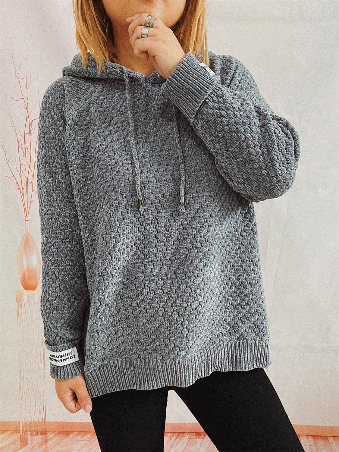 Drawstring Long Sleeve  Hooded Sweater.