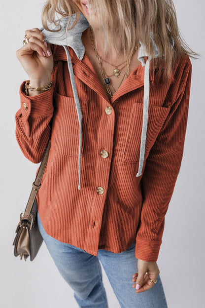 Drawstring Button Up Long Sleeve Hooded Jacket.