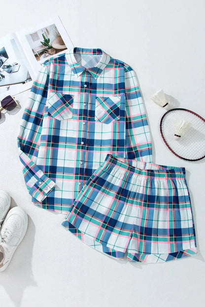 Plaid Print Button-Up Long Sleeve Top with Matching Shorts Set