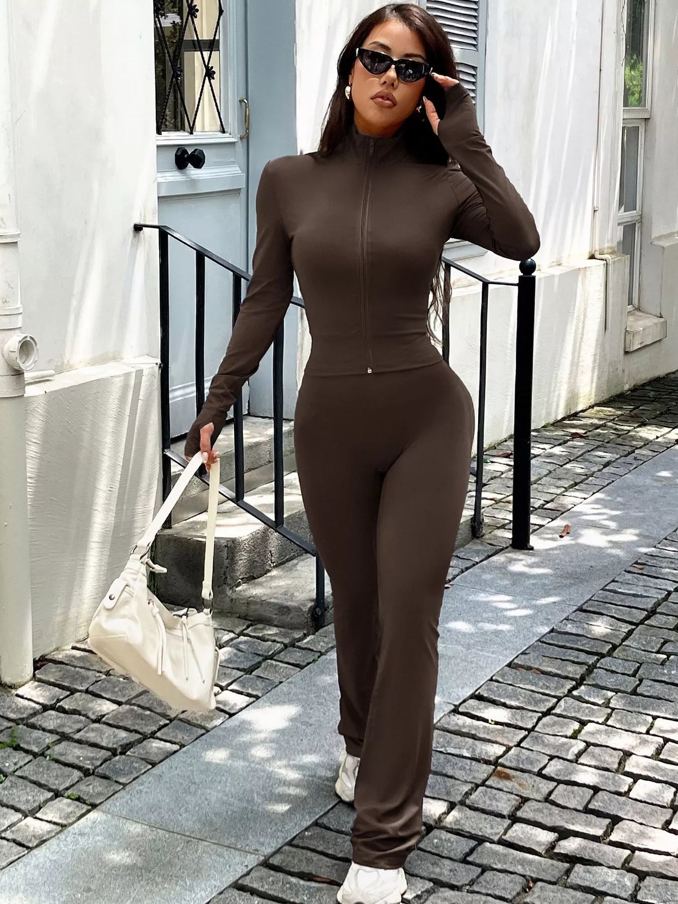 Zip Up Long Sleeve Outerwear and Pants Active Set Simply Love