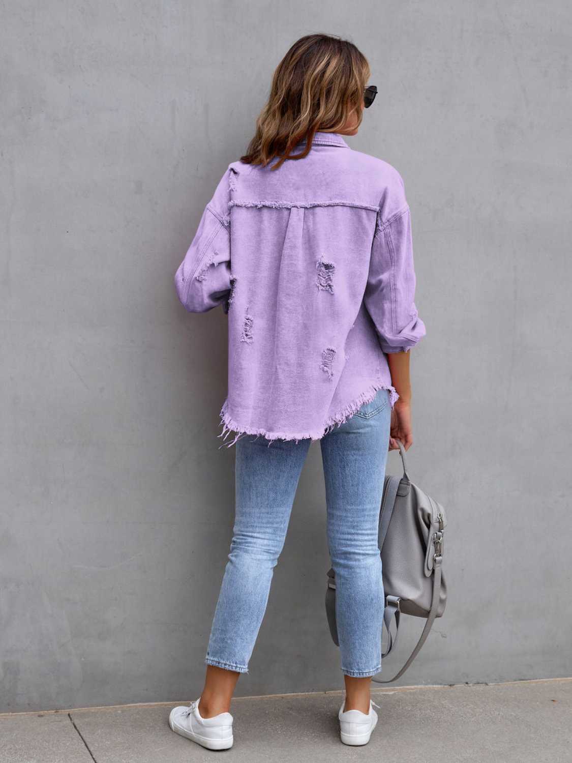 Distressed Drop Shoulder Denim Jacket Coco’s Tee Boutique