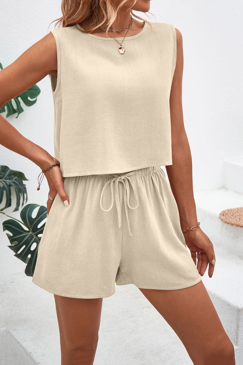 Round Neck Top and Drawstring Shorts Set.