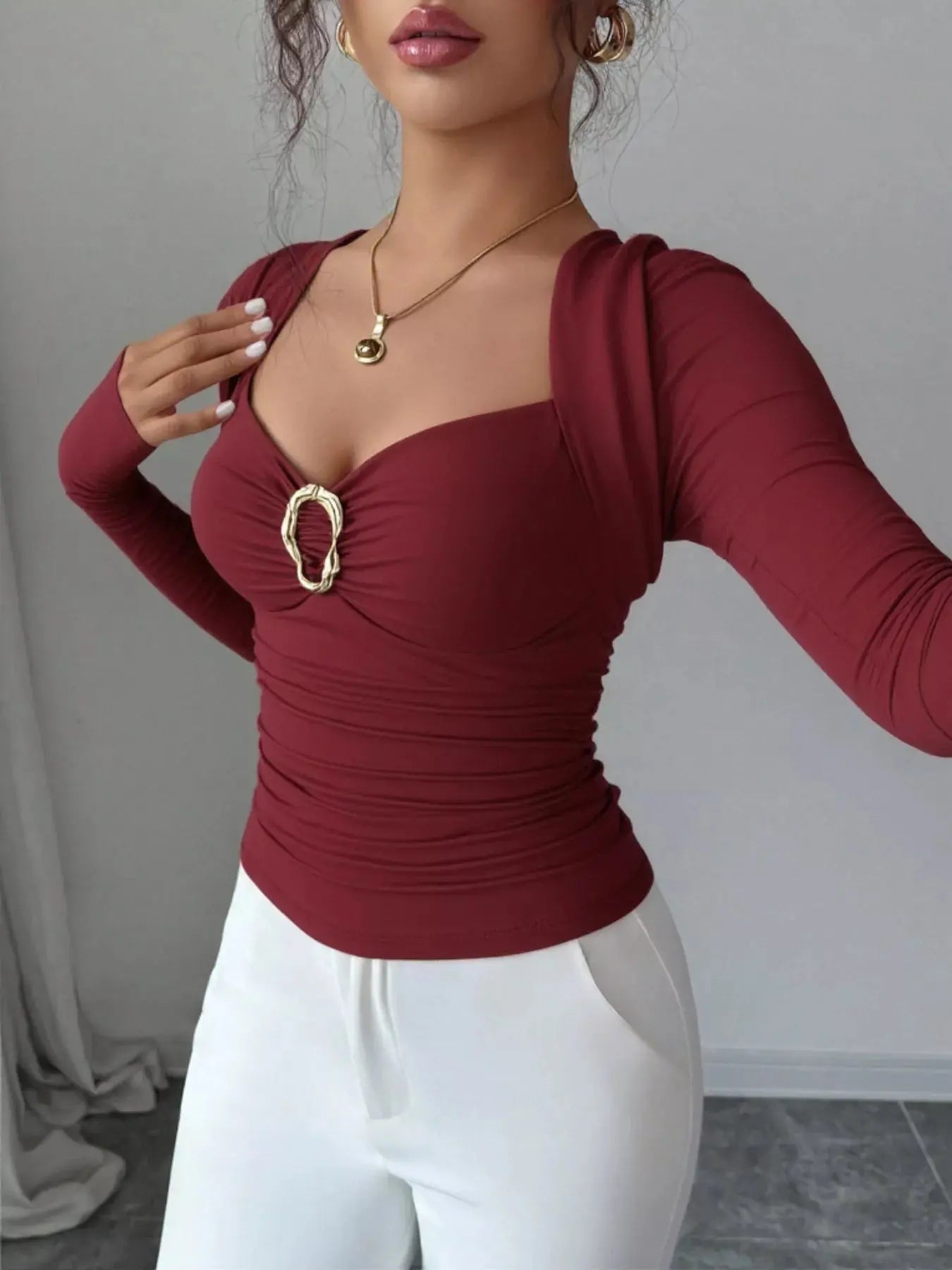 Elegant Ruched Long Sleeve Top with Buckle Detail Simply Love