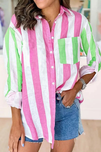 Striped elegance: Collared long sleeve shirt with pockets