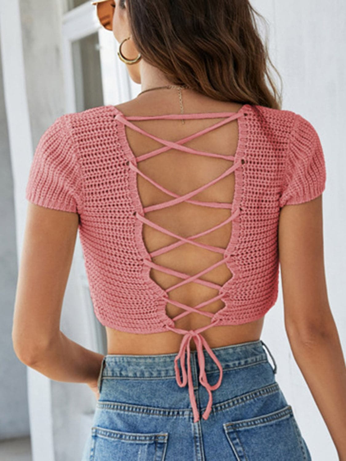 Lace-Up Openwork Square Neck Sweater.