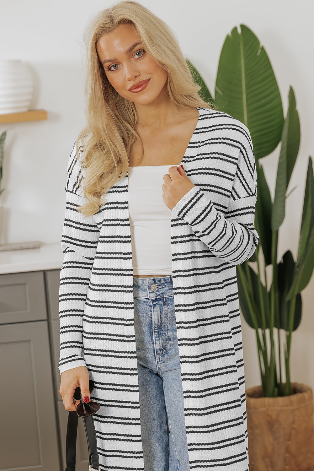 Black Striped Longline Open Duster Cardigan