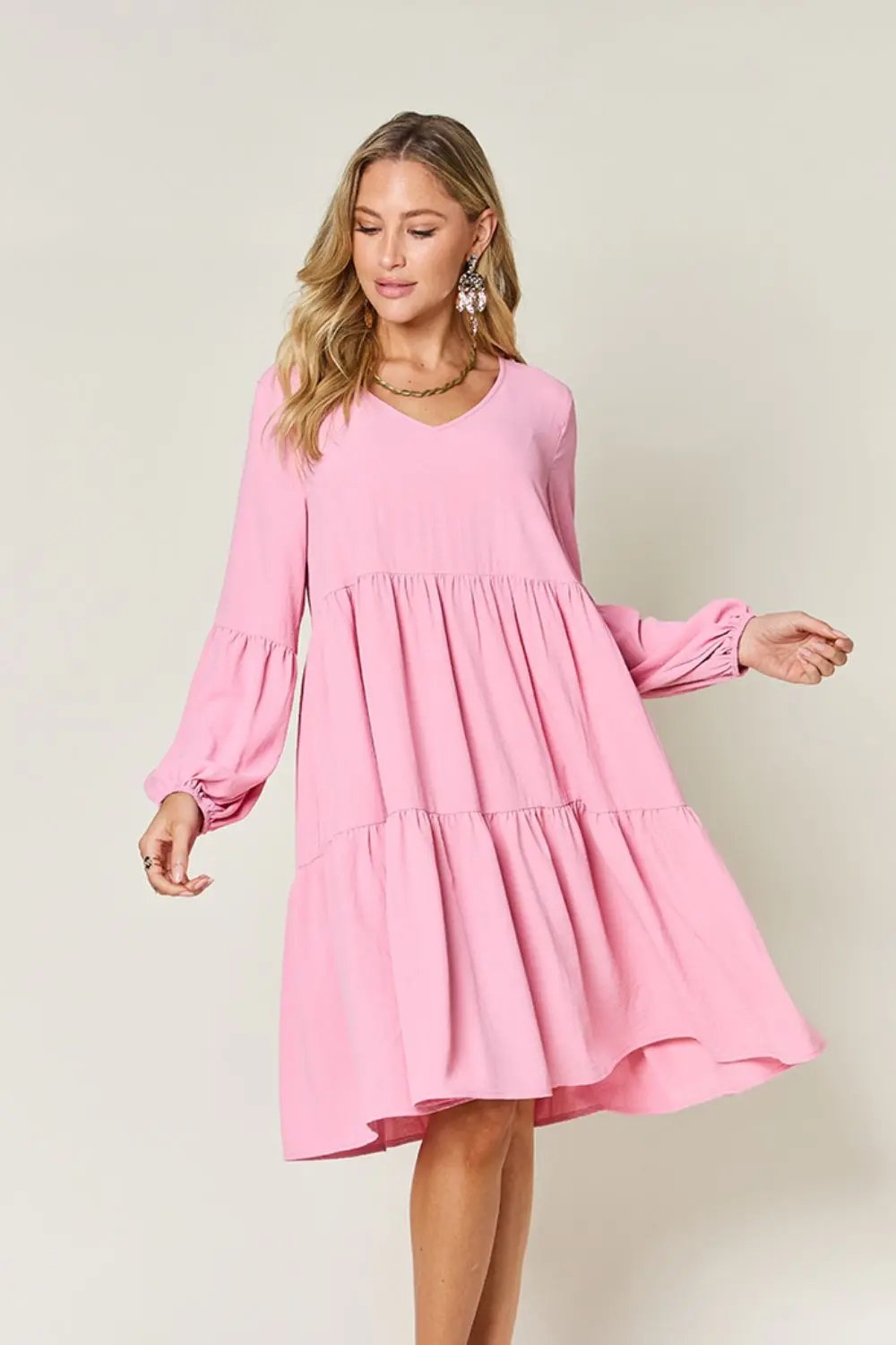 Double Take Full Size V-Neck Balloon Sleeve Tiered Dress - Love Salve