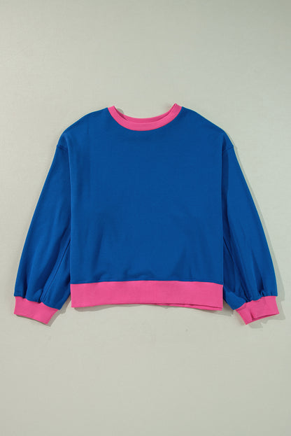 Chic sky blue color block balloon sleeve sweatshirt for plus sizes