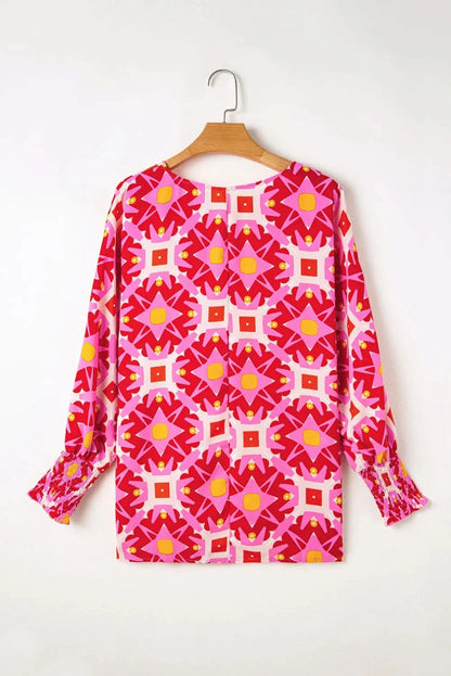 Printed Long Sleeve Blouse with Smocked Cuffs and Round Neck