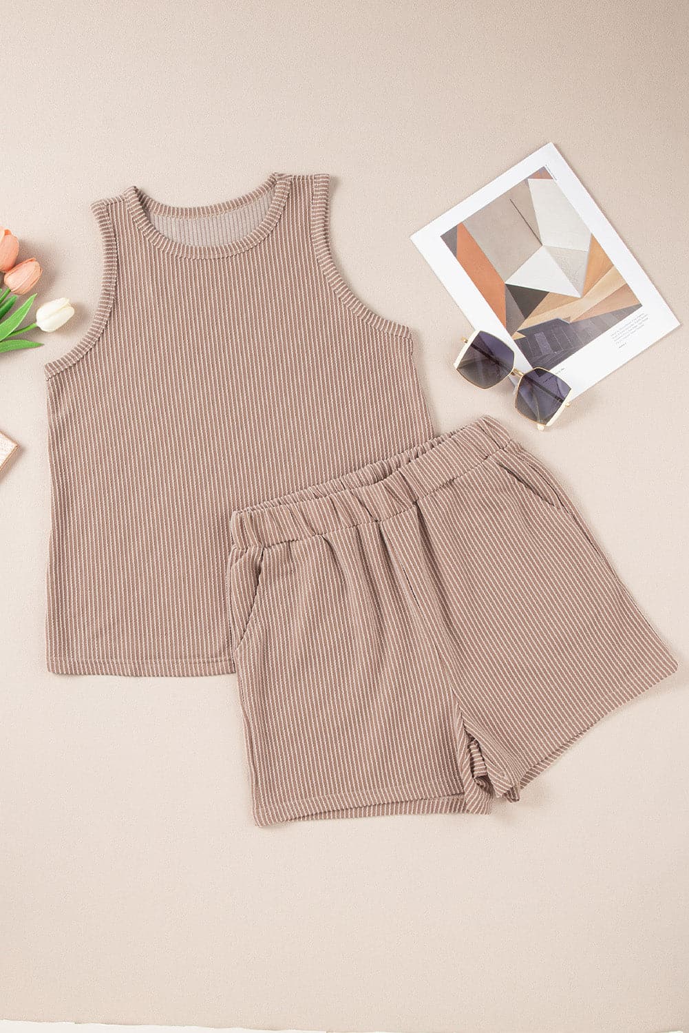 Textured Round Neck Tank and Shorts Set.