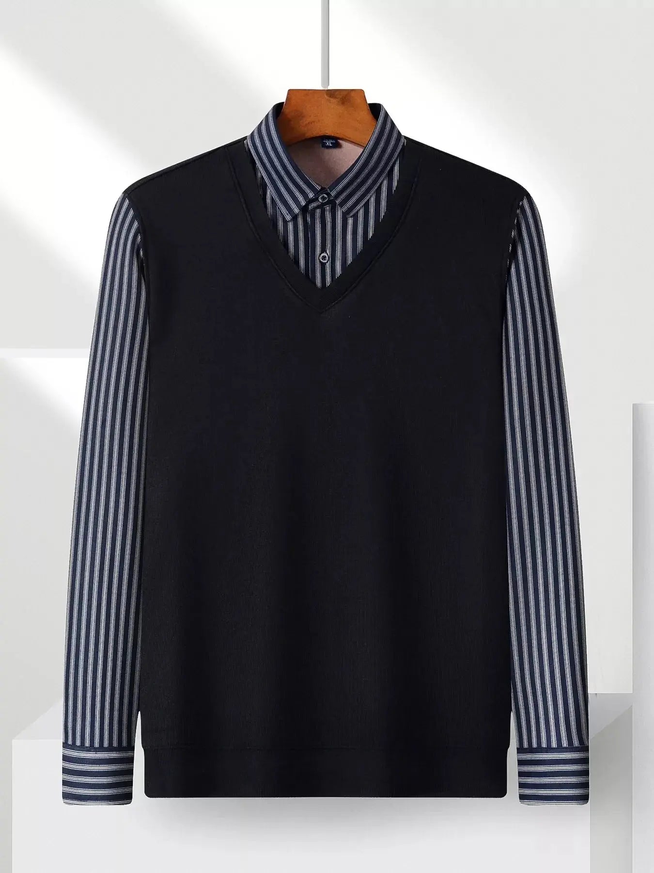 Men's Plus Size Striped Long Sleeve Fake Two Piece Knit Top Simply Love