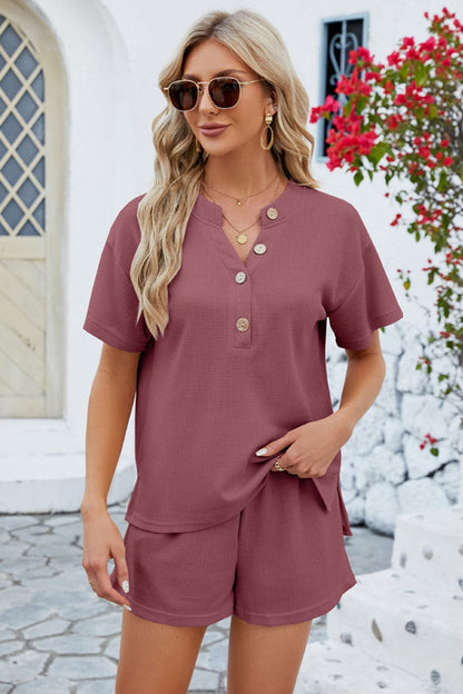 Notched Button Detail Dropped Shoulder Top and Shorts Set.