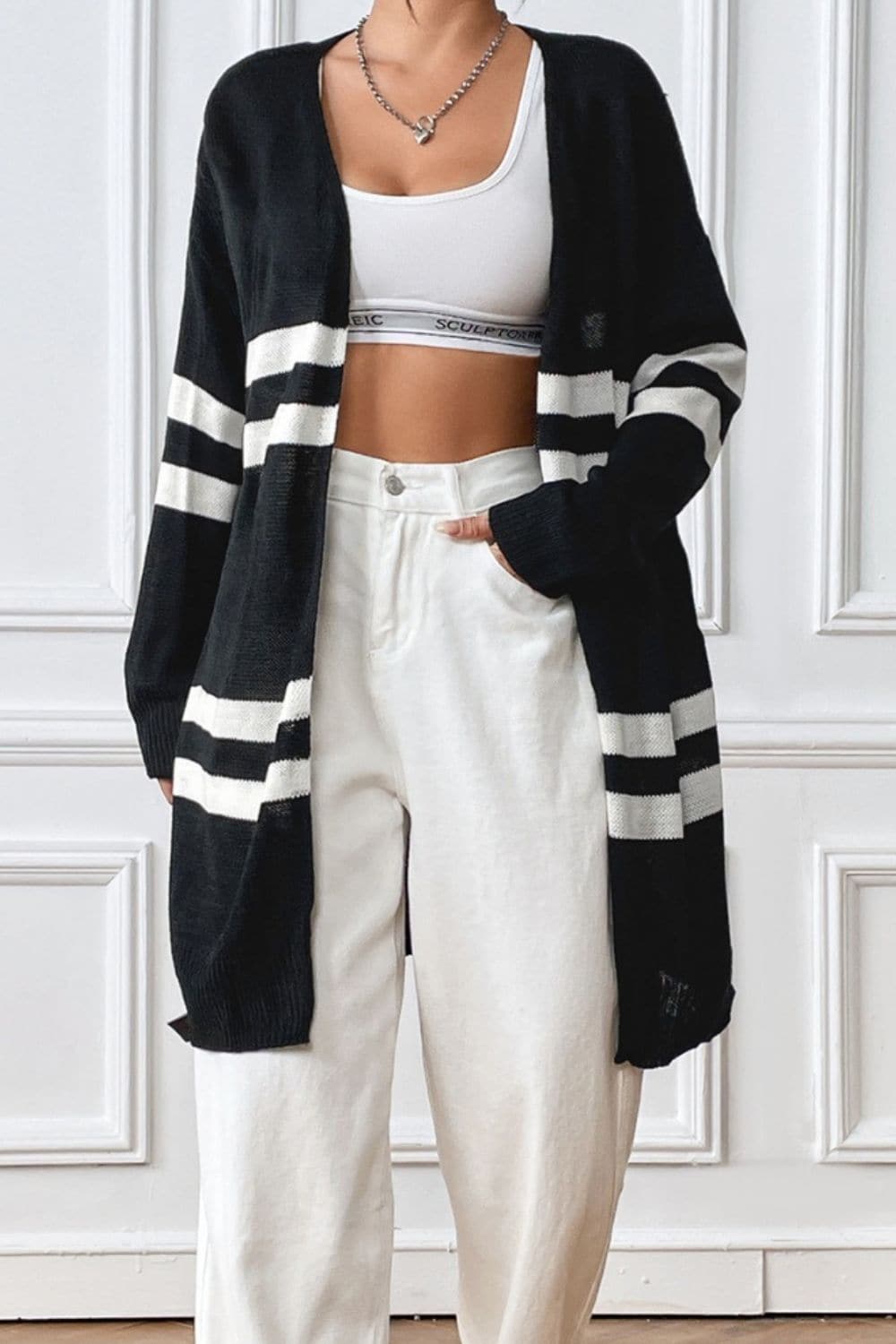 Striped Open Front Dropped Shoulder Cardigan.