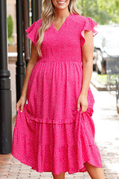 Rose Polka Dot Print Ruffled Smocked Plus Size Midi Dress