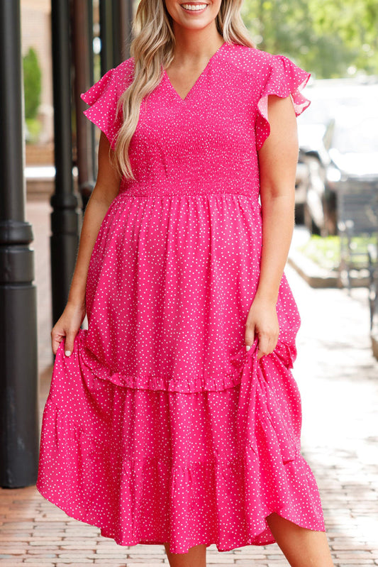Rose Polka Dot Print Ruffled Smocked Plus Size Midi Dress Dear-Lover Dropshipping