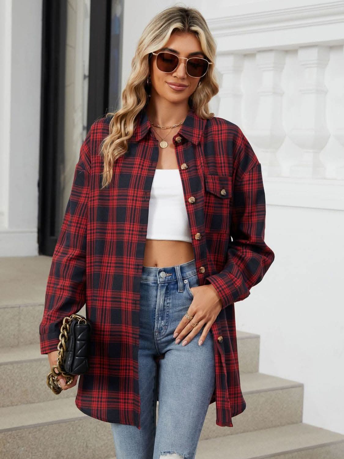 Plaid collared long sleeve shirt - Love Salve 