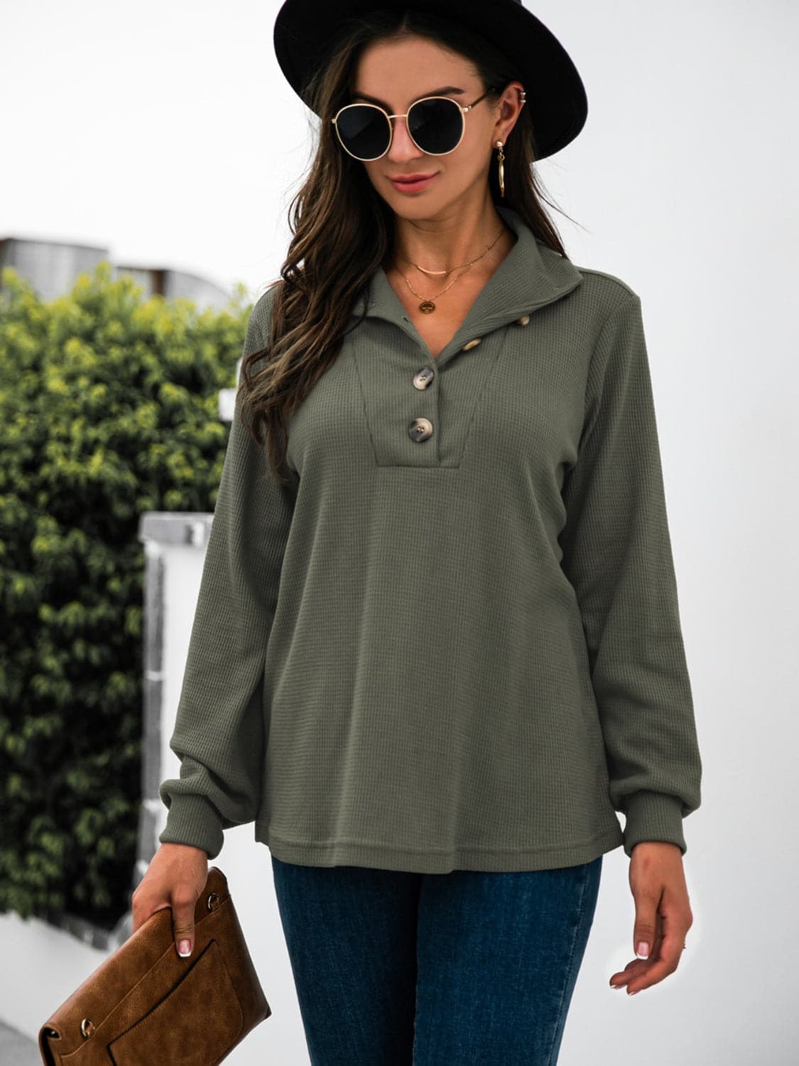 Chic half button long sleeve top