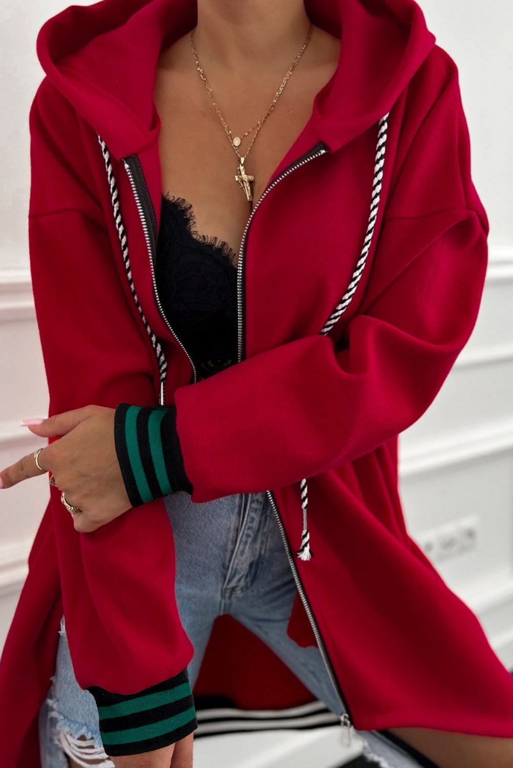 Racing Red Contrast Cuffed Drop Shoulder Zip Up Tunic Hoodie Dear-Lover Dropshipping