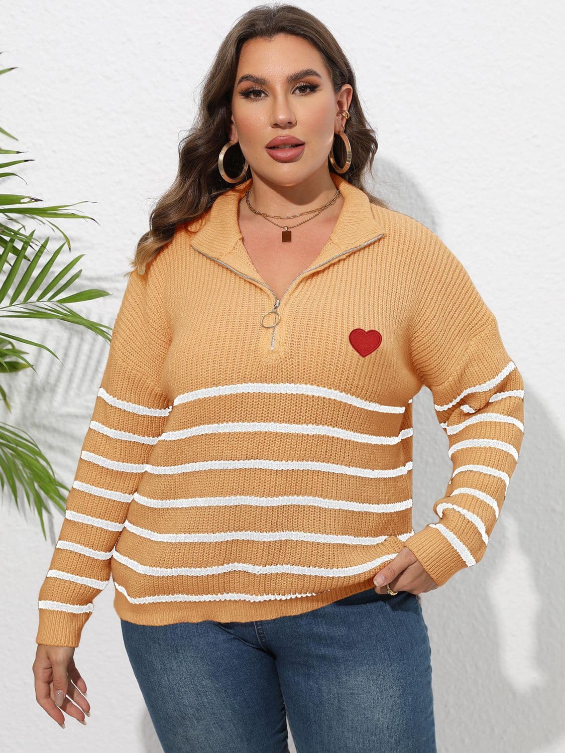 Plus Size Zip-Up Striped Sweater.