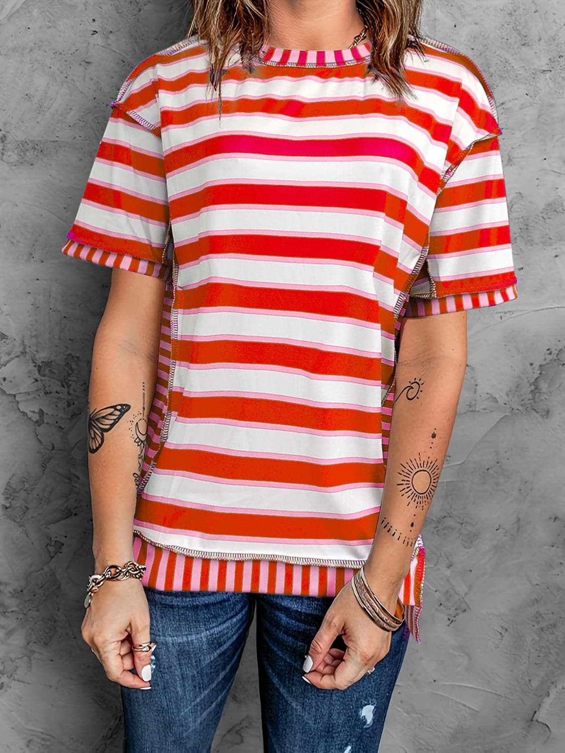 Full Size Contrast Stitching Striped Round Neck T-Shirt.