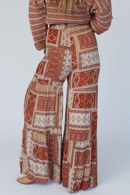 Boho tiered palazzo pants - brown Aztec print