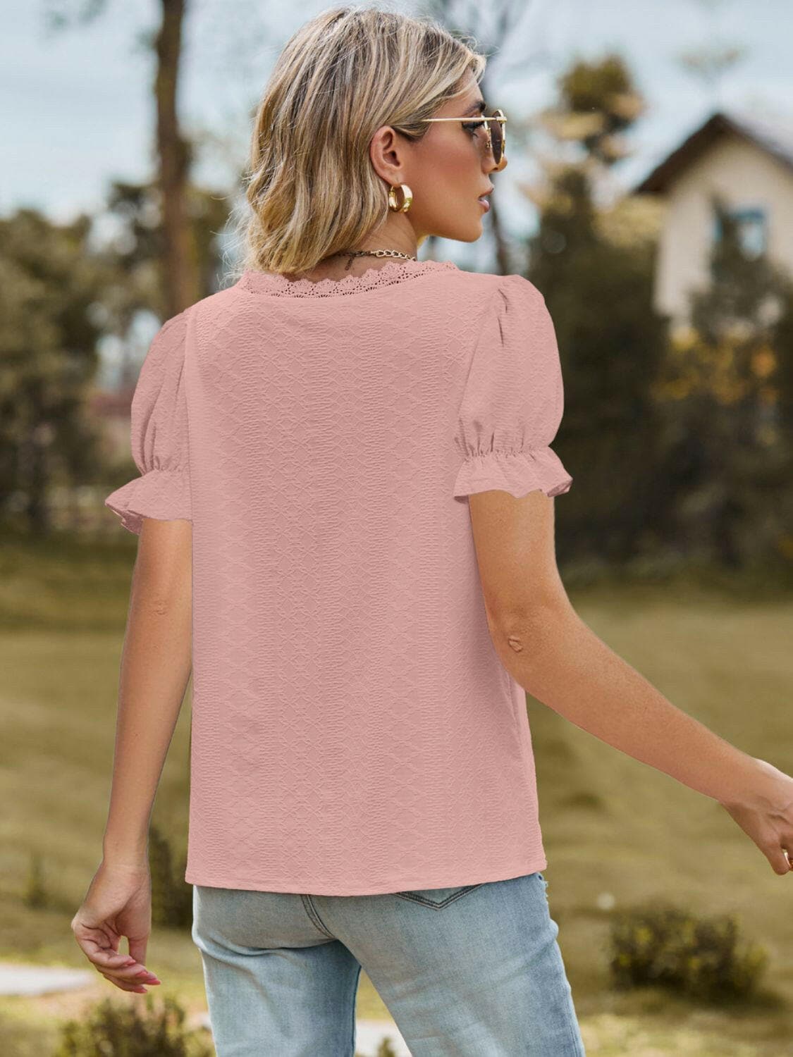 Lace Detail V-Neck Flounce Sleeve BlouseUpgrade Your Style with our Lace Detail V-Neck Blouse!
 
 
Chic Design: Elevate your look with the intricate lace detailing and flounce sleeves of this blouse.
 
VerLove Salve -Neck Flounce Sleeve BlouseShirts