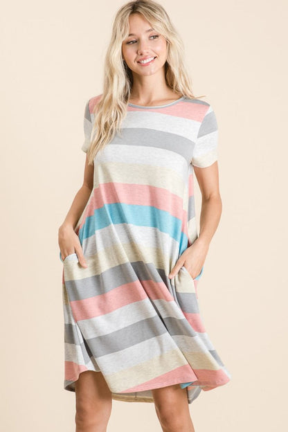 BOMBOM Striped Short Sleeve Dress with Pockets.