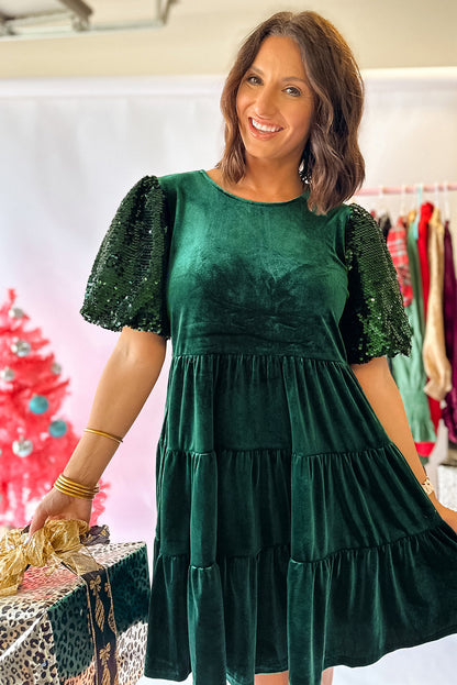 Evergreen Sequin Puff Sleeve High Waist Velvet Mini Dress