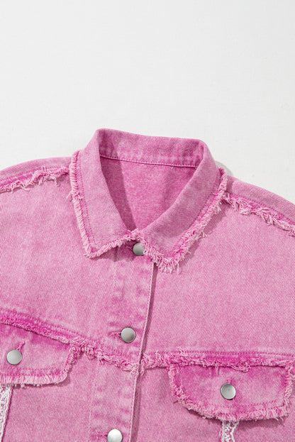 Chic pink lace and distressed denim jacket with button closure