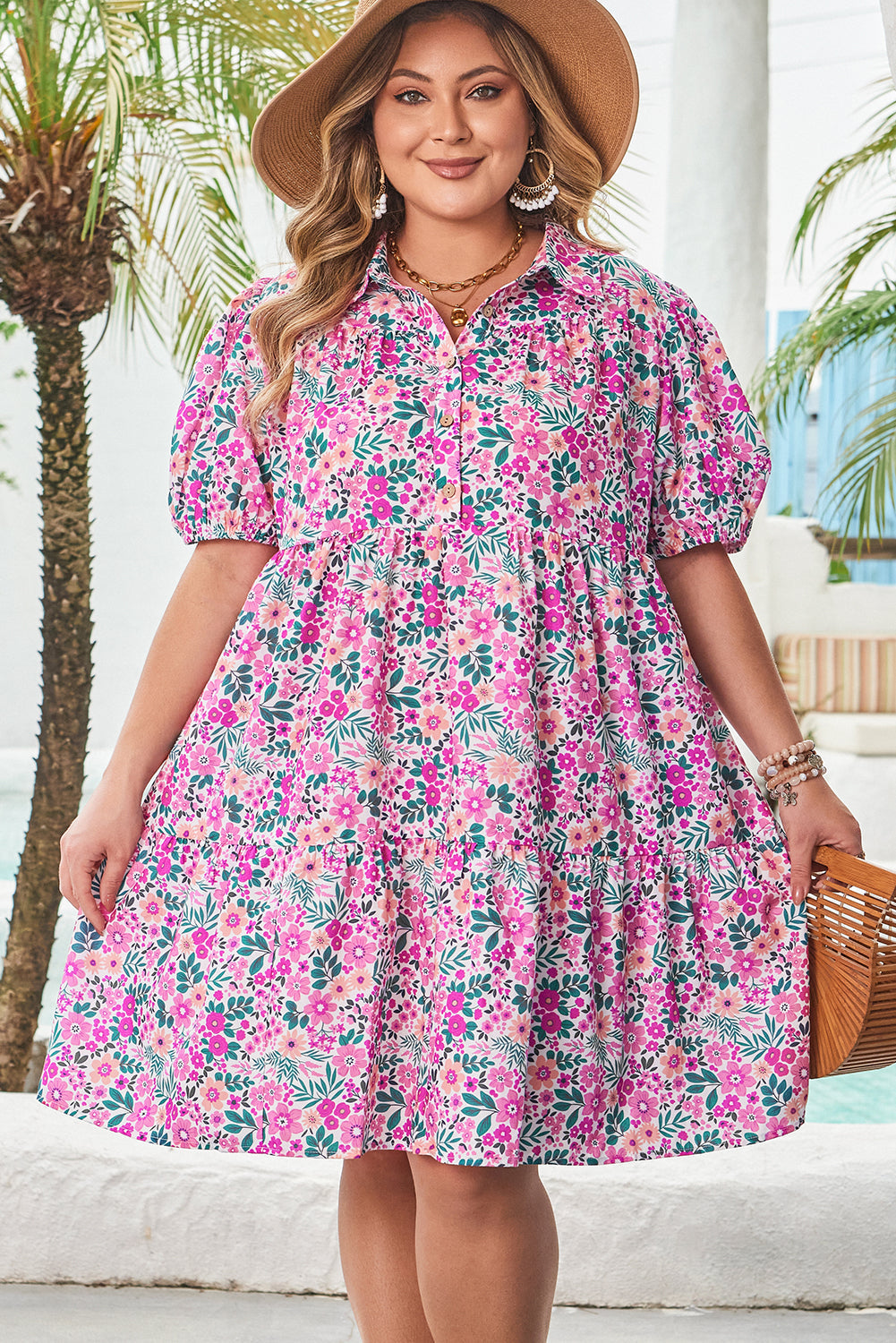 Plus Size Pink Floral Half Button Short Puff Sleeve A Line Dress Dear-Lover Dropshipping