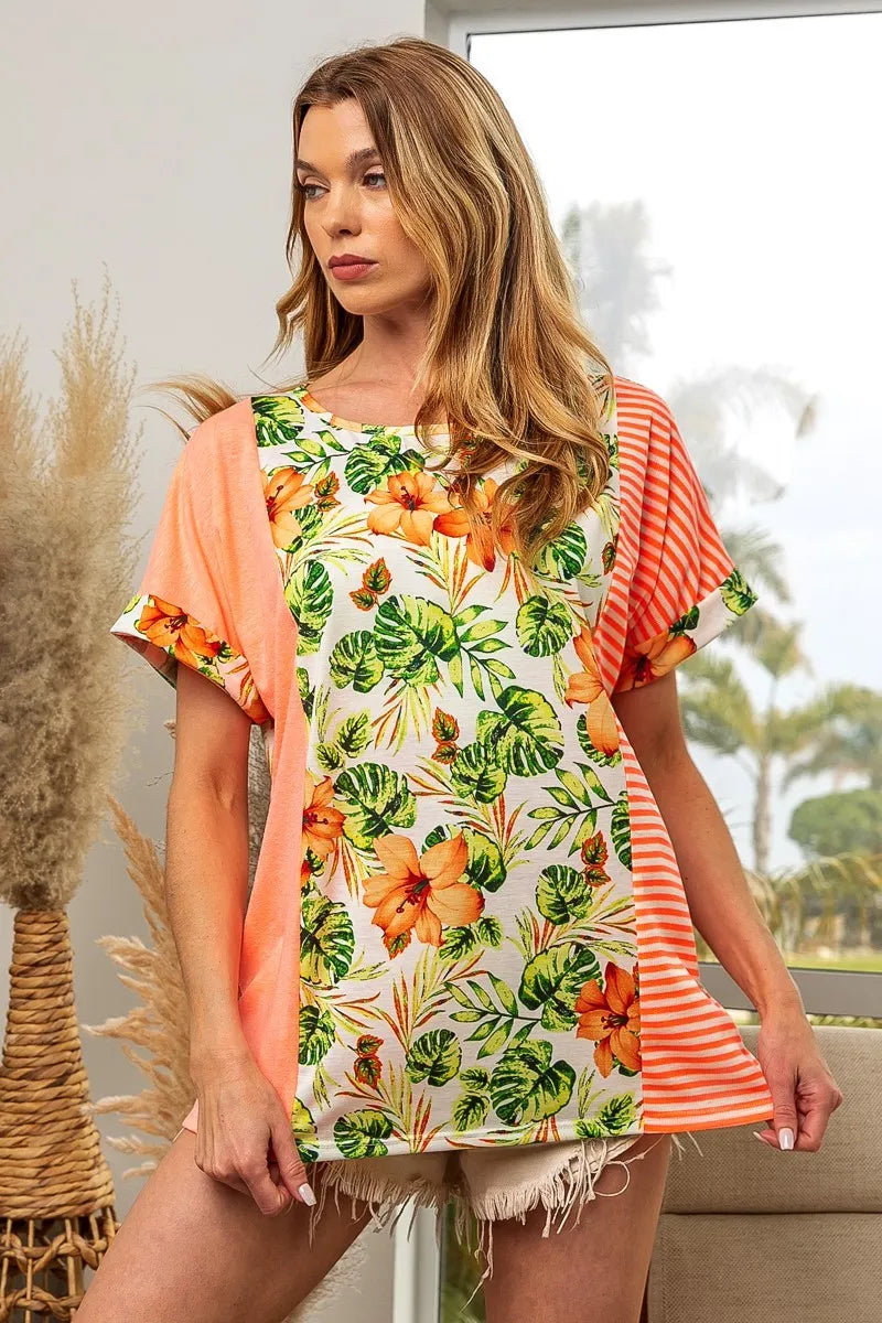 BiBi Floral W Stripe Color Block Dolman Sleeves Top - Love Salve 