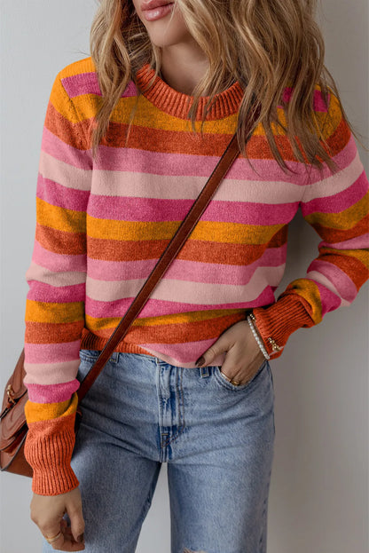 Chic striped long sleeve sweater with round neck