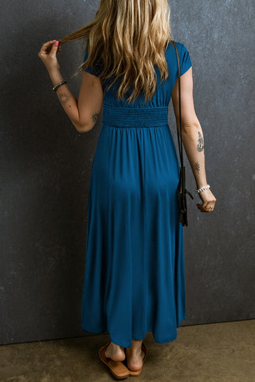 Smocked V-Neck Cap Sleeve Dress.