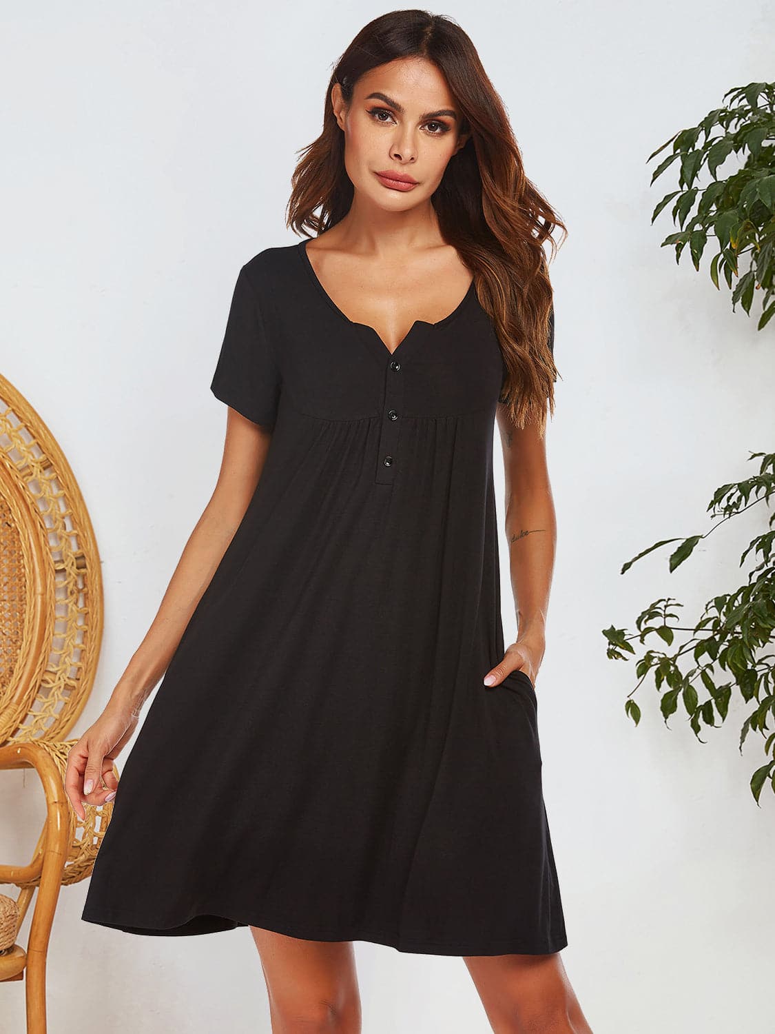 Notched Short Sleeve Mini Lounge Dress.