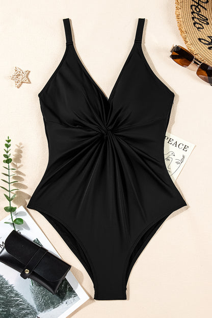 Elegant Black Backless V Neck Ruched One-Piece Swimsuit