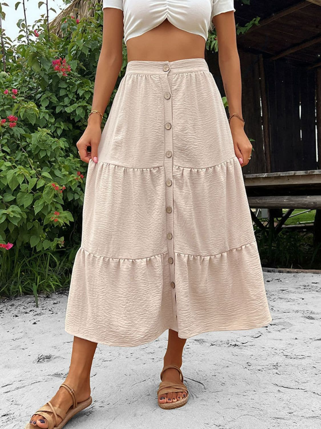 Button Down Tiered Midi Skirt.