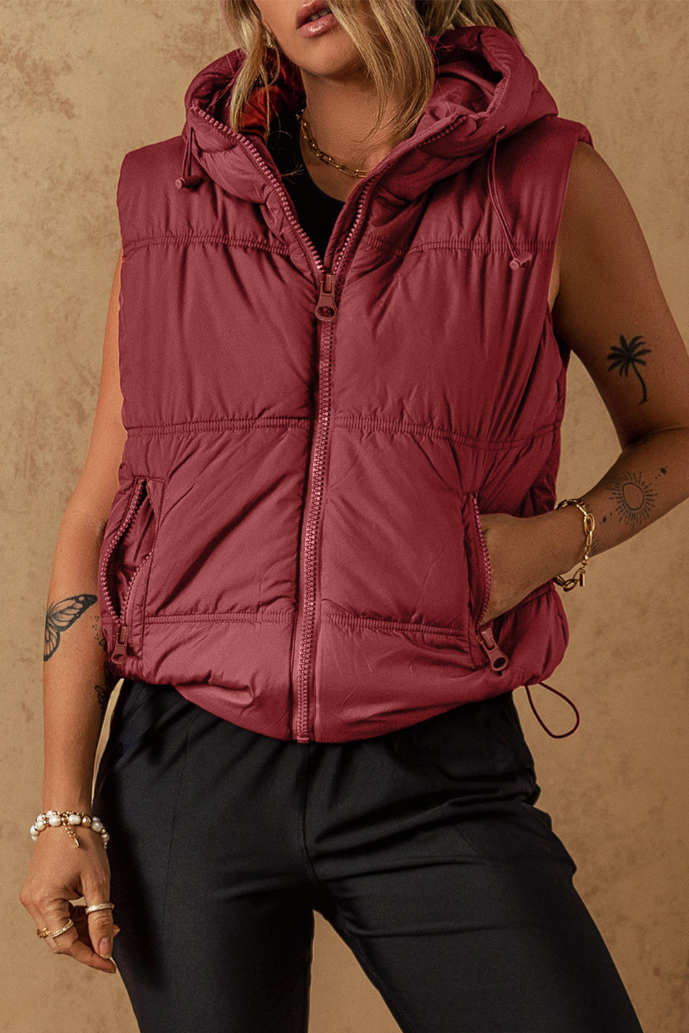 Clay hooded puffer vest with pockets