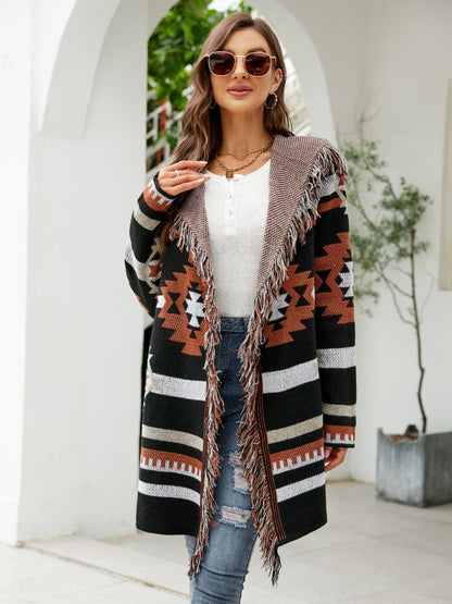 Fringe Geometric Hooded Long Sleeve Cardigan.