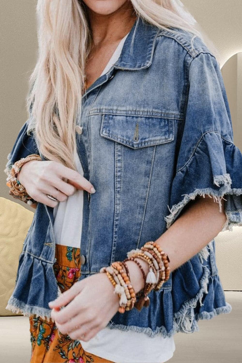 Ruffled Raw Hem Half Sleeve Denim Top.