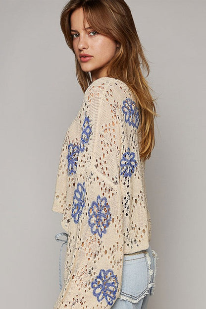 Beige floral eyelet drop shoulder sweater with contrast print