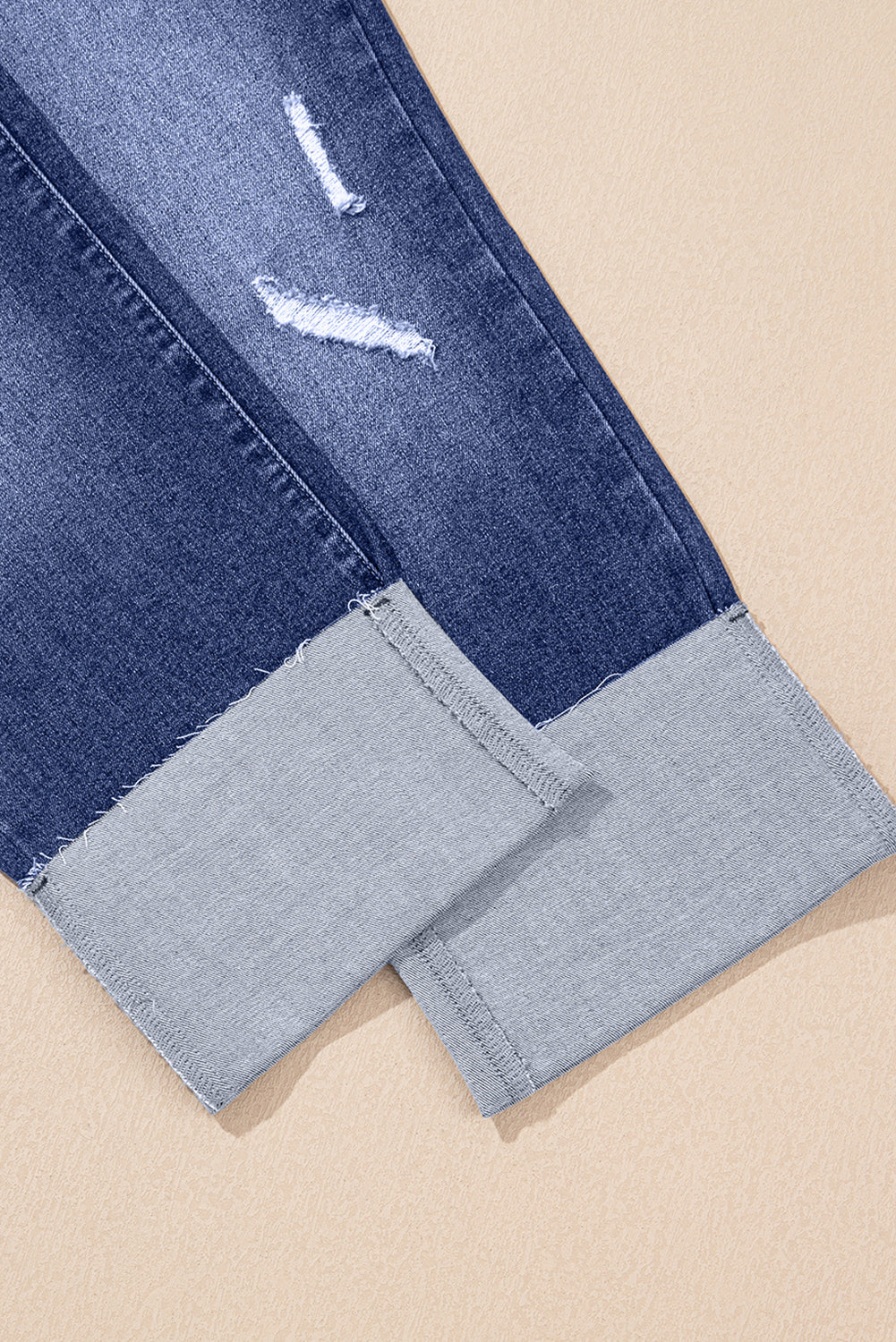 Real Teal Folded Cuffs Distressed Straight High Waist Jeans Love Salve