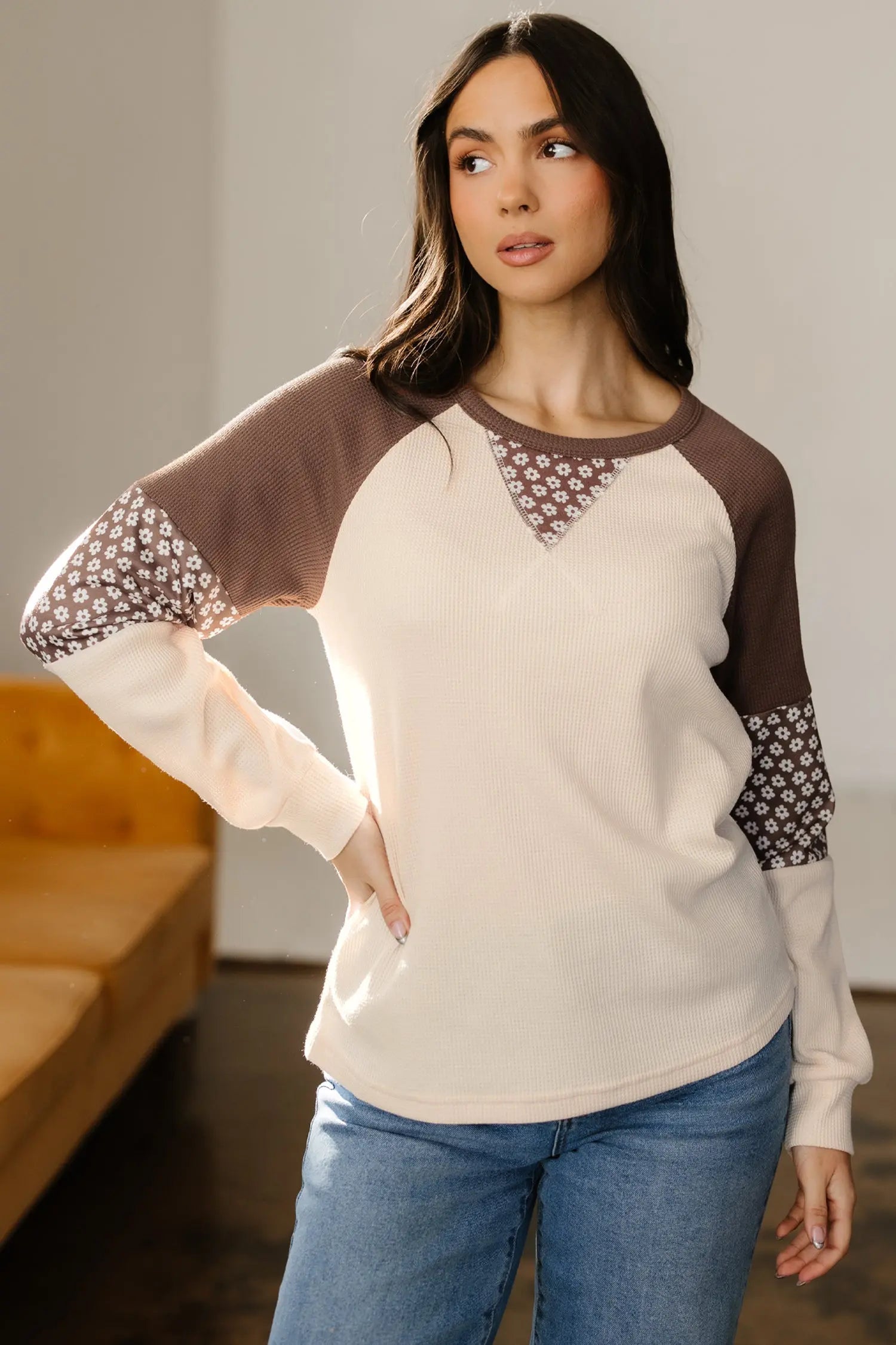 Dear-Lover Brown Floral Top Women's Fall Fashion Patchwork Long Sleeve Southern Belle Style Dear-Lover Dropshipping