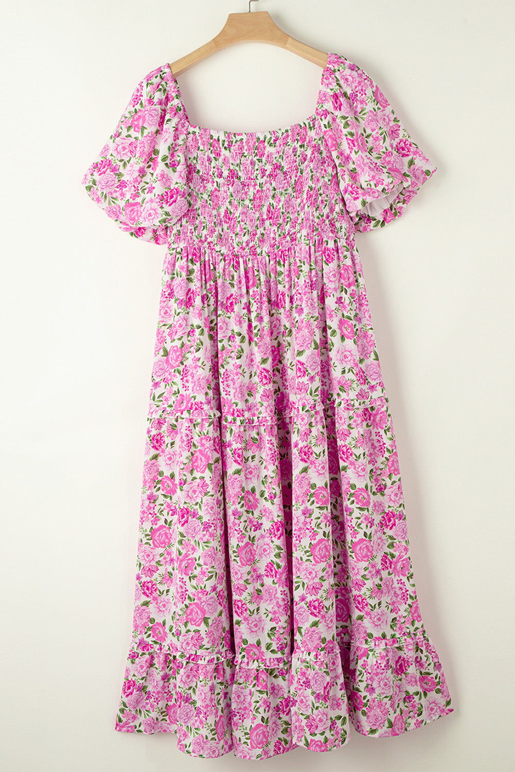 Chic pink floral plus size smocked maxi dress with puff sleeves