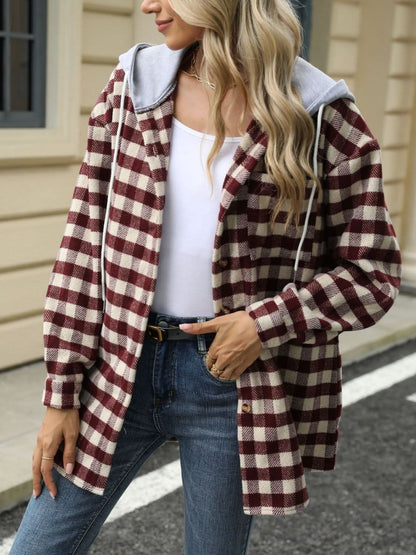 Plaid hooded jacket with pockets