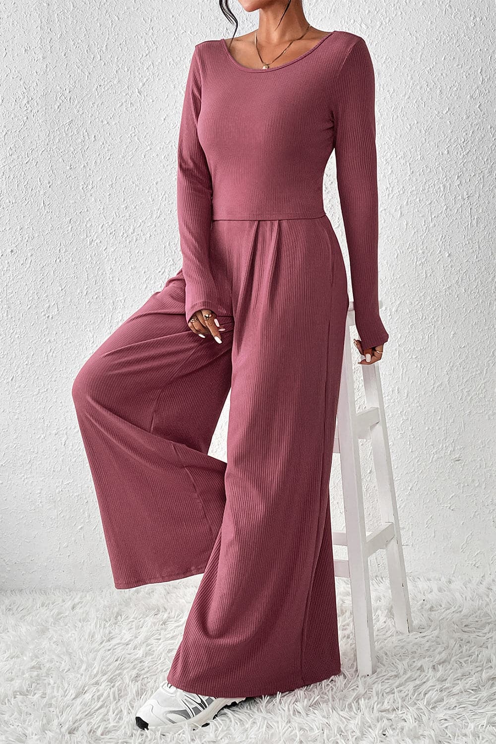 Ribbed Round Neck Top and Wide-Leg Pants Set.