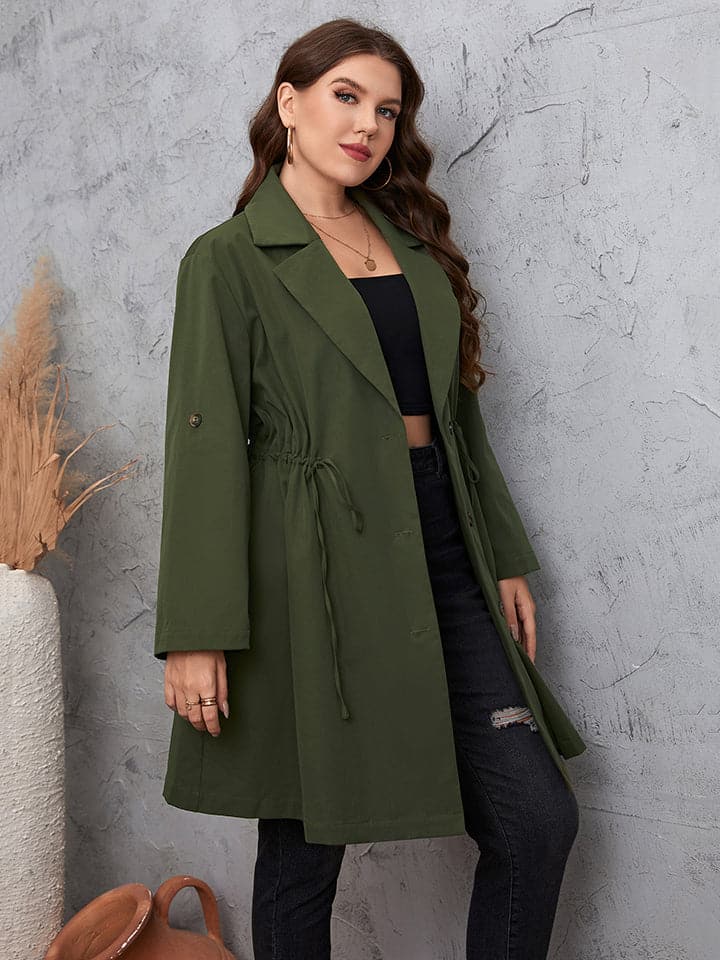 Plus Size Lapel Collar Roll-Tab Sleeve Trench Coat.