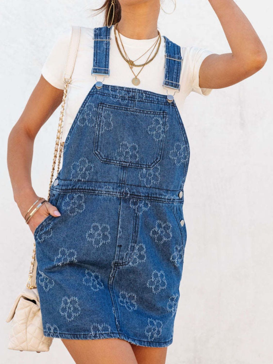 Flower Wide Strap Denim Overall Dress with Pockets.